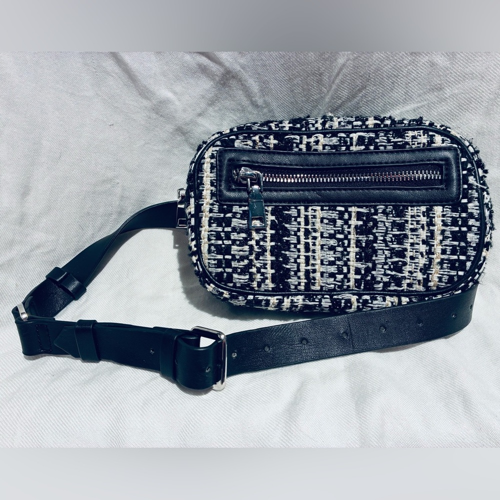 Zara Black & White Tweed Belt Bag, Silver-toned Hardware incl Front and Top Zip
